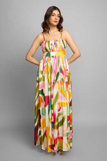 Buy_Poppi_Yellow Bemberg, Silk Bandeau Neck Abstract Print Maxi Dress _Online_at_Aza_Fashions
