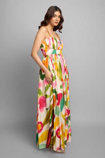 Shop_Poppi_Yellow Bemberg, Silk Bandeau Neck Abstract Print Maxi Dress _Online_at_Aza_Fashions