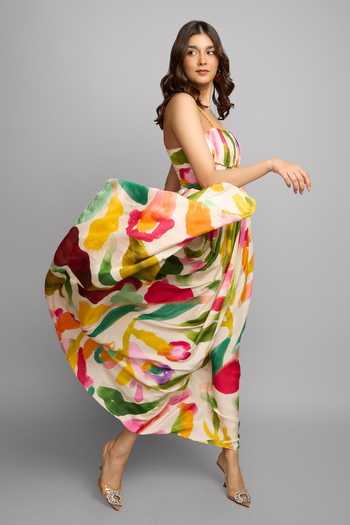 Poppi_Yellow Bemberg, Silk Bandeau Neck Abstract Print Maxi Dress _at_Aza_Fashions