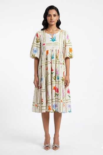 Poppi_Yellow Cotton Split V-neck Tiered Floral Print Dress _Online_at_Aza_Fashions