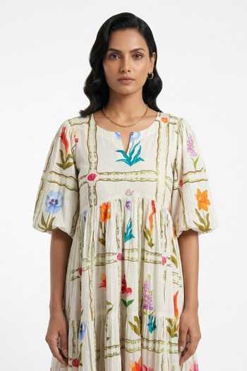Buy_Poppi_Yellow Cotton Split V-neck Tiered Floral Print Dress _Online_at_Aza_Fashions