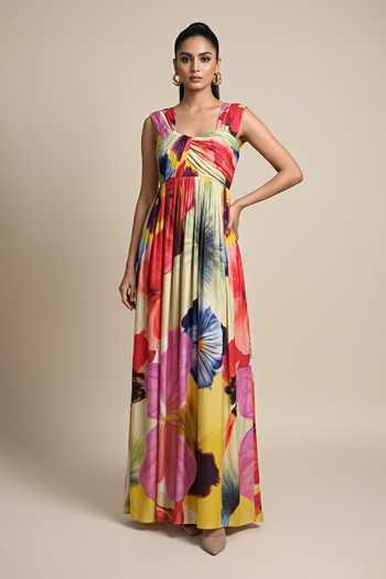 Buy Poppi Yellow Silk, Bemberg Square Neck Abstract Floral Print Dress Online at Aza Fashions Buy_Poppi_Yellow Silk, Bemberg Square Neck Abstract Floral Print Dress _Online_at_Aza_Fashions
