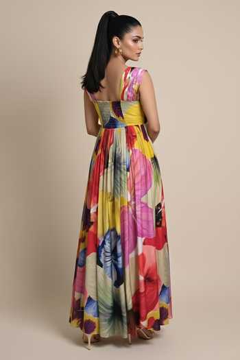 Shop Poppi Yellow Silk, Bemberg Square Neck Abstract Floral Print Dress at Aza Fashions Shop_Poppi_Yellow Silk, Bemberg Square Neck Abstract Floral Print Dress _at_Aza_Fashions