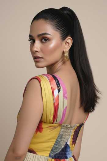 Shop Poppi Yellow Silk, Bemberg Square Neck Abstract Floral Print Dress Online at Aza Fashions Shop_Poppi_Yellow Silk, Bemberg Square Neck Abstract Floral Print Dress _Online_at_Aza_Fashions