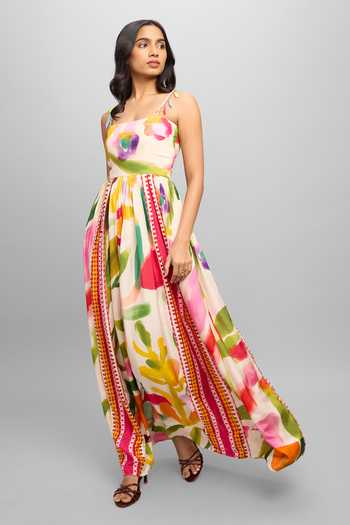 Shop Poppi Yellow Silk, Bemberg Square Neck Water Color Floral Print Dress Online at Aza Fashions Shop_Poppi_Yellow Silk, Bemberg Square Neck Water Color Floral Print Dress _Online_at_Aza_Fashions