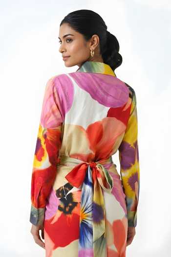 Poppi_Yellow Silk, Bemberg Collared Neck Floral Print Shirt And Skirt Set _Online_at_Aza_Fashions