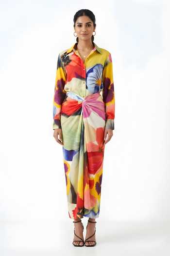 Buy_Poppi_Yellow Silk, Bemberg Collared Neck Floral Print Shirt And Skirt Set _Online_at_Aza_Fashions