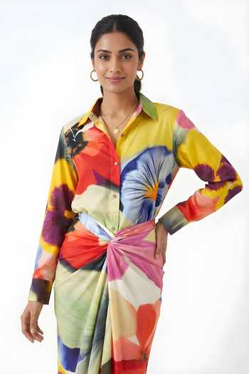Shop_Poppi_Yellow Silk, Bemberg Collared Neck Floral Print Shirt And Skirt Set _Online_at_Aza_Fashions