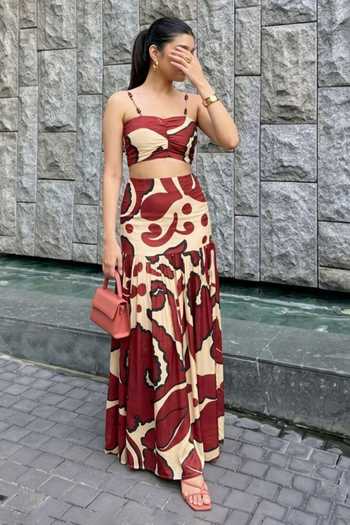 Poppi Yellow Silk, Bemberg Sweetheart Neck Abstract Print Top And Skirt Set Online at Aza Fashions Poppi_Yellow Silk, Bemberg Sweetheart Neck Abstract Print Top And Skirt Set_Online_at_Aza_Fashions