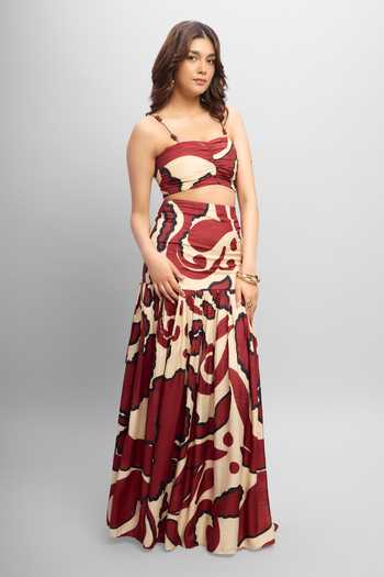 Shop Poppi Yellow Silk, Bemberg Sweetheart Neck Abstract Print Top And Skirt Set Online at Aza Fashions Shop_Poppi_Yellow Silk, Bemberg Sweetheart Neck Abstract Print Top And Skirt Set_Online_at_Aza_Fashions