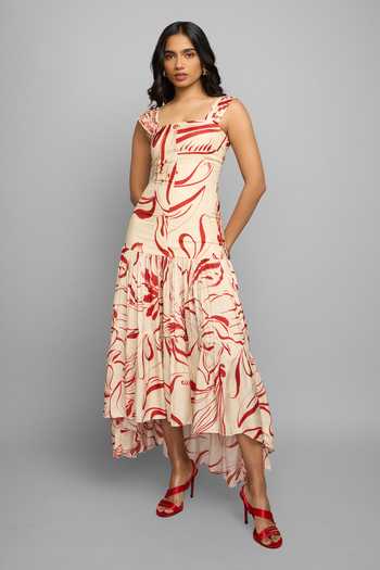 Buy Poppi Yellow Silk, Bemberg Square Neck Abstract Print Dress Online at Aza Fashions Buy_Poppi_Yellow Silk, Bemberg Square Neck Abstract Print Dress _Online_at_Aza_Fashions