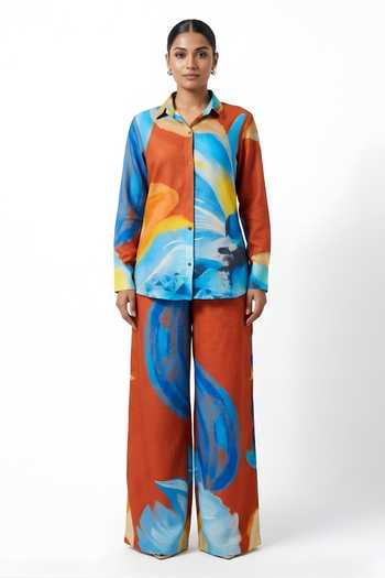 Poppi_Yellow Silk, Bemberg Collared Neck Color Block Pattern Shirt And Pant Set _Online_at_Aza_Fashions