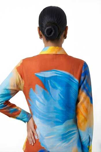 Buy_Poppi_Yellow Silk, Bemberg Collared Neck Color Block Pattern Shirt And Pant Set _Online_at_Aza_Fashions