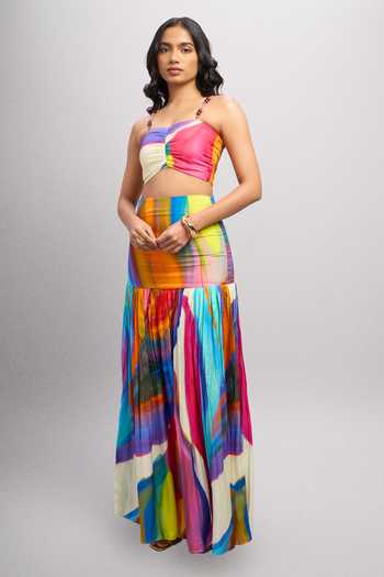 Poppi Multi Color Bemberg, Silk Sweetheart Neck Abstract Print Top With Skirt Online at Aza Fashions Poppi_Multi Color Bemberg, Silk Sweetheart Neck Abstract Print Top With Skirt _Online_at_Aza_Fashions