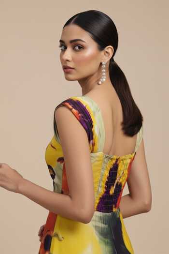 Poppi Yellow Silk, Bemberg Square Neck Floral Bloom Print Dress Online at Aza Fashions Poppi_Yellow Silk, Bemberg Square Neck Floral Bloom Print Dress _Online_at_Aza_Fashions