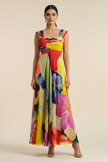 Buy Poppi Yellow Silk, Bemberg Square Neck Floral Bloom Print Dress Online at Aza Fashions Buy_Poppi_Yellow Silk, Bemberg Square Neck Floral Bloom Print Dress _Online_at_Aza_Fashions