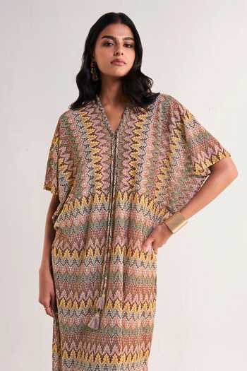 Shop Dash And Dot Multi Color Polyester V-neck Crochet Knit Maxi Dress Shop_Dash And Dot_Multi Color Polyester V-neck Crochet Knit Maxi Dress
