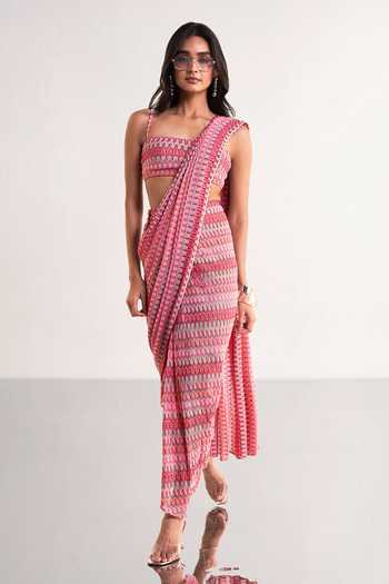 Dash And Dot Multi Color Polyester Crochet Knit Draped Saree Skirt Online at Aza Fashions Dash And Dot_Multi Color Polyester Crochet Knit Draped Saree Skirt _Online_at_Aza_Fashions