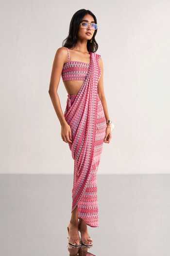 Dash And Dot Multi Color Polyester Crochet Knit Draped Saree Skirt at Aza Fashions Dash And Dot_Multi Color Polyester Crochet Knit Draped Saree Skirt _at_Aza_Fashions