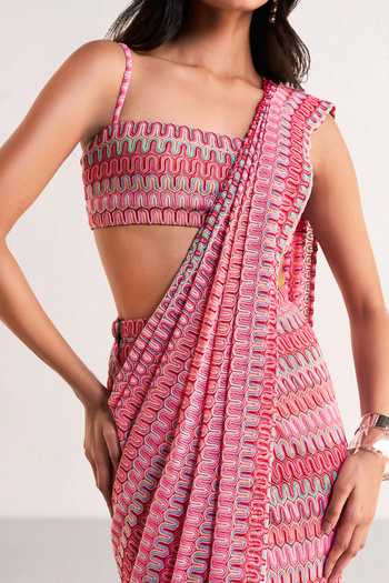 Shop Dash And Dot Multi Color Polyester Crochet Knit Draped Saree Skirt Shop_Dash And Dot_Multi Color Polyester Crochet Knit Draped Saree Skirt