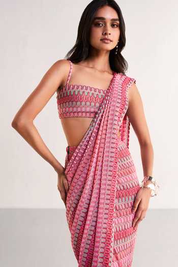 Buy Dash And Dot Multi Color Polyester Lace Crochet Knit Draped Saree And Bralette Set Online at Aza Fashions Buy_Dash And Dot_Multi Color Polyester Lace Crochet Knit Draped Saree And Bralette Set _Online_at_Aza_Fashions