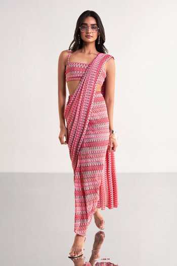 Dash And Dot Crochet Knit Draped Saree & Bralette Set