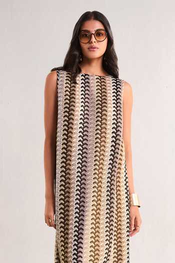 Shop Dash And Dot Multi Color Polyester Boat Neck Crochet Knit Back Knot Midi Dress Shop_Dash And Dot_Multi Color Polyester Boat Neck Crochet Knit Back Knot Midi Dress