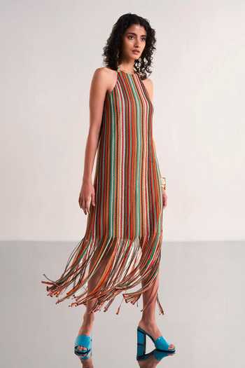 Buy_Dash And Dot_Multi Color Polyester Halter Neck Fringe Knit Dress _Online_at_Aza_Fashions