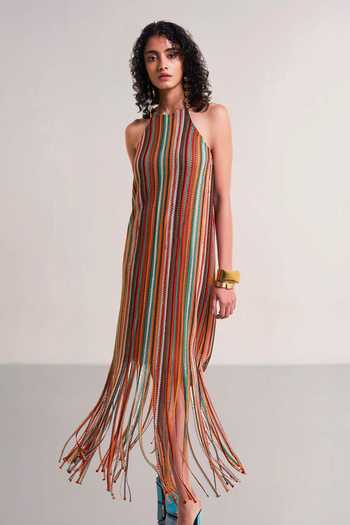Shop_Dash And Dot_Multi Color Polyester Halter Neck Fringe Knit Dress _Online_at_Aza_Fashions