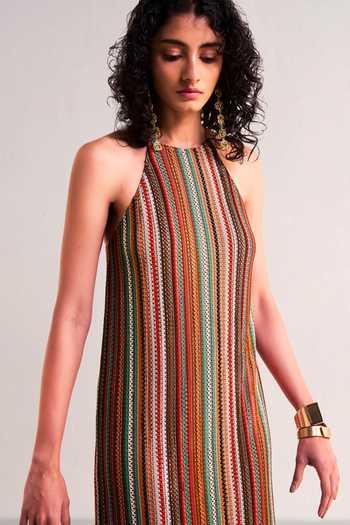 Dash And Dot_Multi Color Polyester Halter Neck Fringe Knit Dress _at_Aza_Fashions