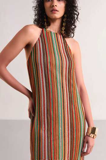 Shop_Dash And Dot_Multi Color Polyester Halter Neck Fringe Knit Dress 