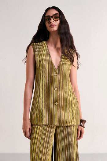 Dash And Dot_Multi Color Polyester Plunge Neck Scalloped Crochet Knit Waistcoat _at_Aza_Fashions