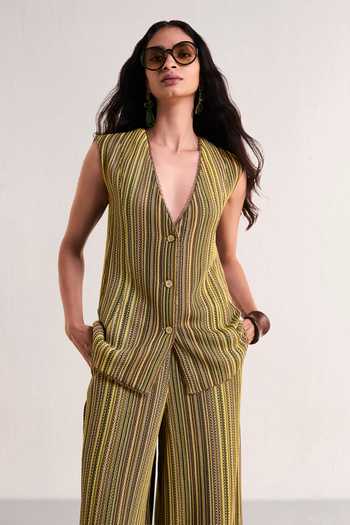 Buy_Dash And Dot_Multi Color Polyester Plunge Neck Scalloped Crochet Knit Waistcoat 