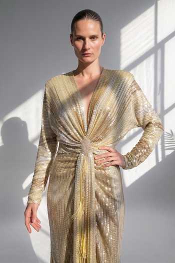 Nikita Mhaisalkar_Yellow Georgette Plunge Neck Butter Stripe Draped Dress _Online_at_Aza_Fashions