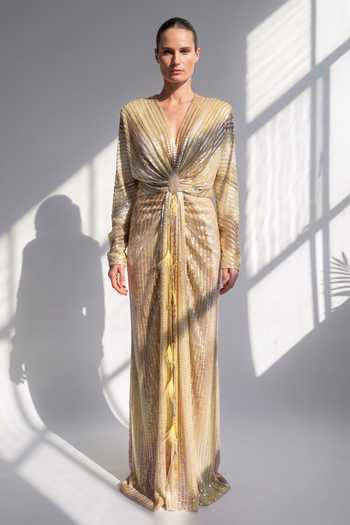 Buy_Nikita Mhaisalkar_Yellow Georgette Plunge Neck Butter Stripe Draped Dress _Online_at_Aza_Fashions