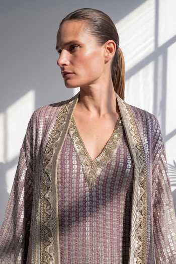 Nikita Mhaisalkar Purple Georgette V-, Shawl Baroque Embroidered Dress With Jacket Online at Aza Fashions Nikita Mhaisalkar_Purple Georgette V-, Shawl Baroque Embroidered Dress With Jacket _Online_at_Aza_Fashions