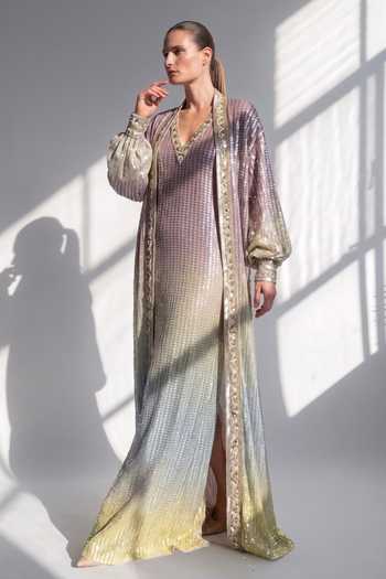 Buy Nikita Mhaisalkar Purple Georgette V-, Shawl Baroque Embroidered Dress With Jacket Online at Aza Fashions Buy_Nikita Mhaisalkar_Purple Georgette V-, Shawl Baroque Embroidered Dress With Jacket _Online_at_Aza_Fashions