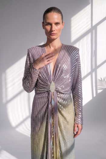 Nikita Mhaisalkar_Purple Georgette Plunge Neck Draped Ombre Sheeted Dress _Online_at_Aza_Fashions