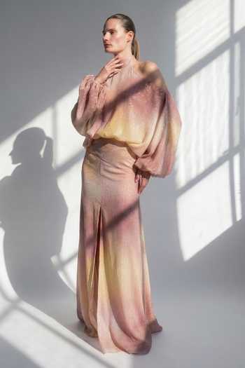 Nikita Mhaisalkar Rose Diffused Print Sequin Georgette Maxi Dress 