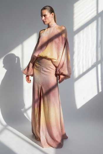 Nikita Mhaisalkar Pink Georgette Halter Neck Rose Diffused Print Sequin Maxi Dress Online at Aza Fashions Nikita Mhaisalkar_Pink Georgette Halter Neck Rose Diffused Print Sequin Maxi Dress _Online_at_Aza_Fashions