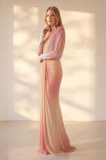 Nikita Mhaisalkar Pink Georgette Plunge Neck Draped Sequin Maxi Dress Online at Aza Fashions Nikita Mhaisalkar_Pink Georgette Plunge Neck Draped Sequin Maxi Dress _Online_at_Aza_Fashions