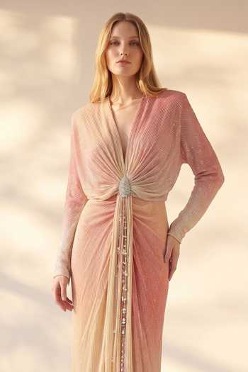 Buy Nikita Mhaisalkar Pink Georgette Plunge Neck Draped Sequin Maxi Dress Online at Aza Fashions Buy_Nikita Mhaisalkar_Pink Georgette Plunge Neck Draped Sequin Maxi Dress _Online_at_Aza_Fashions