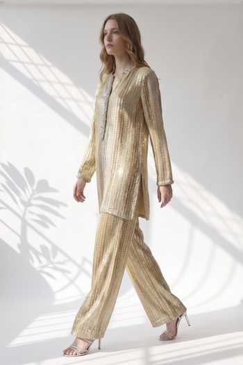 Nikita Mhaisalkar Yellow Georgette Mandarin Collar, Yes Sequin Embroidered Kurta And Pant Set Online at Aza Fashions Nikita Mhaisalkar_Yellow Georgette Mandarin Collar, Yes Sequin Embroidered Kurta And Pant Set _Online_at_Aza_Fashions