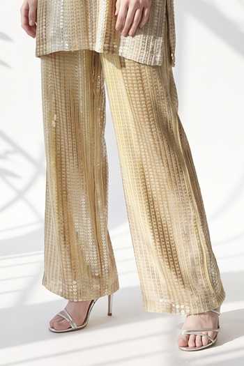 Shop Nikita Mhaisalkar Yellow Georgette Mandarin Collar, Yes Sequin Embroidered Kurta And Pant Set Online at Aza Fashions Shop_Nikita Mhaisalkar_Yellow Georgette Mandarin Collar, Yes Sequin Embroidered Kurta And Pant Set _Online_at_Aza_Fashions