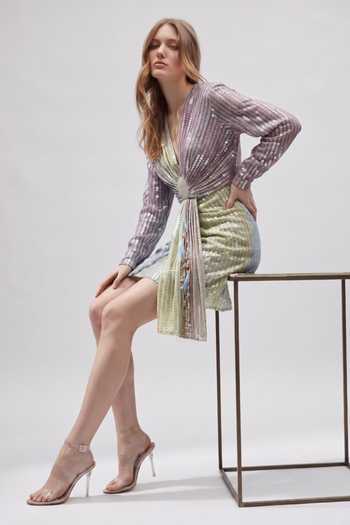 Nikita Mhaisalkar_Purple Georgette Plunge Neck Sequin Embroidered Dress _Online_at_Aza_Fashions