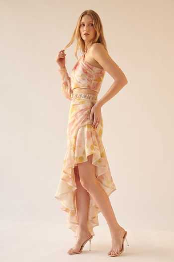 Nikita Mhaisalkar_Multi Color Georgette One Shoulder Bloom Pattern Cropped Top And Ruffled Skirt Set _Online_at_Aza_Fashions