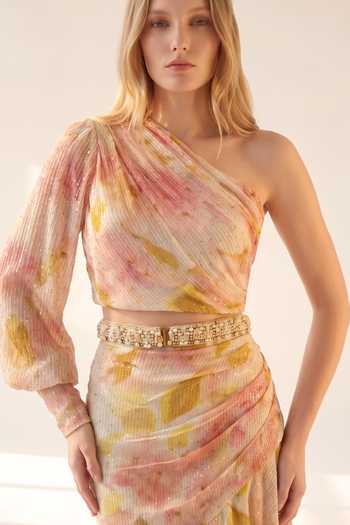 Buy_Nikita Mhaisalkar_Multi Color Georgette One Shoulder Bloom Pattern Cropped Top And Ruffled Skirt Set _Online_at_Aza_Fashions