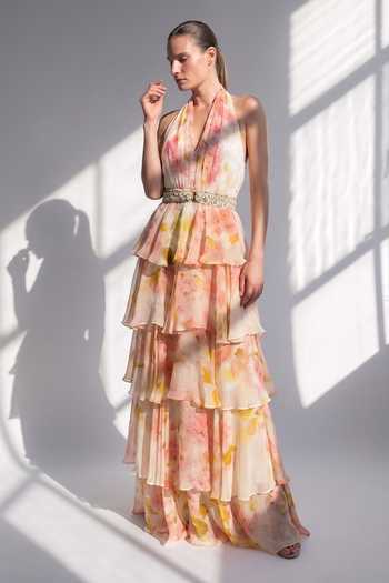 Nikita Mhaisalkar Multi Color Georgette Halter Neck Blush Bloom Print Dress With Belt Online at Aza Fashions Nikita Mhaisalkar_Multi Color Georgette Halter Neck Blush Bloom Print Dress With Belt _Online_at_Aza_Fashions