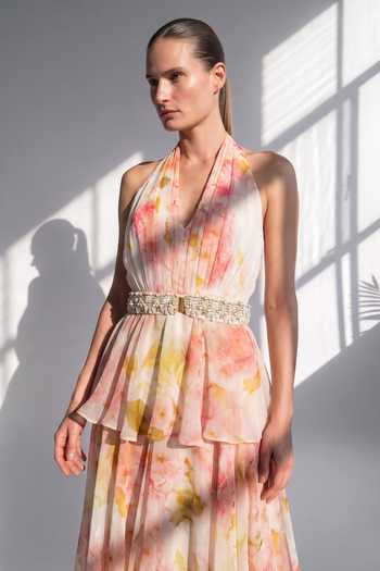 Buy Nikita Mhaisalkar Multi Color Georgette Halter Neck Blush Bloom Print Dress With Belt Online at Aza Fashions Buy_Nikita Mhaisalkar_Multi Color Georgette Halter Neck Blush Bloom Print Dress With Belt _Online_at_Aza_Fashions