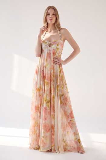 Buy Nikita Mhaisalkar Multi Color Silk Organza Bandeau , Halter Blush Bloom Print Dress Online at Aza Fashions Buy_Nikita Mhaisalkar_Multi Color Silk Organza Bandeau , Halter Blush Bloom Print Dress _Online_at_Aza_Fashions